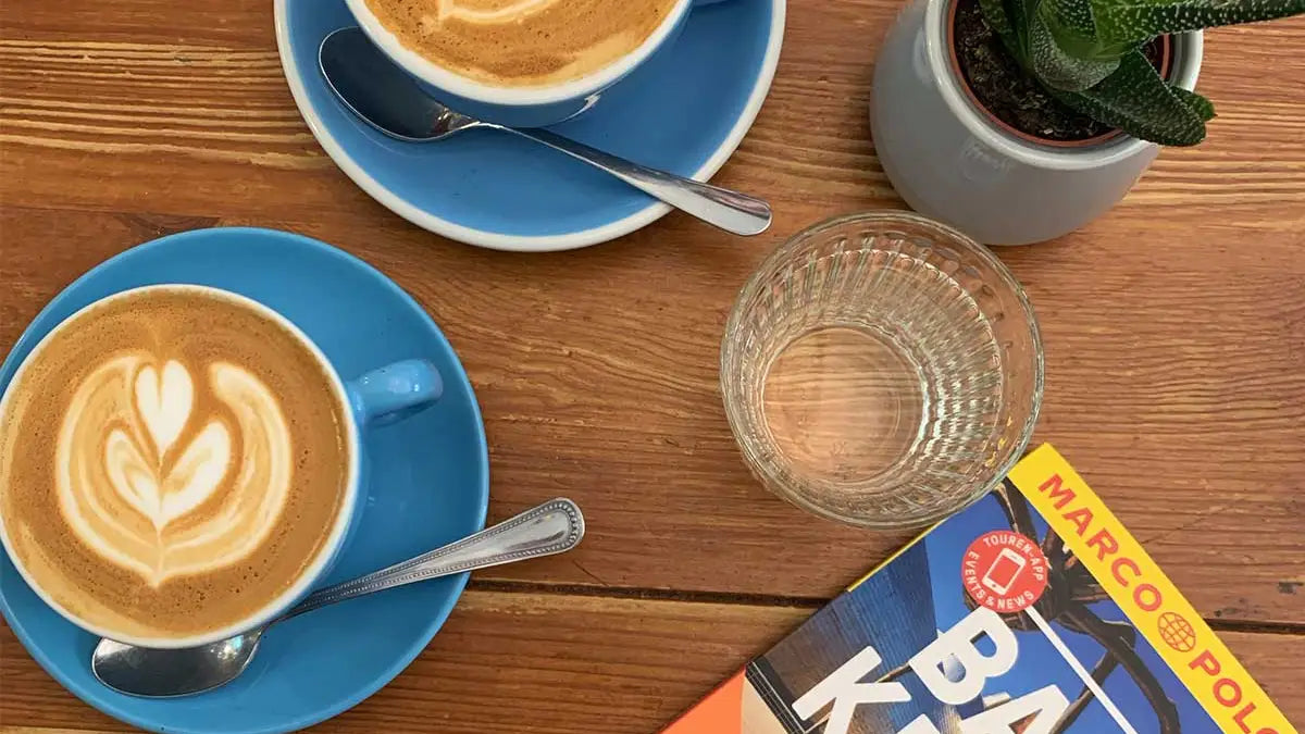 2 Cappuccino mit Latte Art, einem Glas Wasser und einer grünen Pflanze auf einem Holztisch stehend daneben liegt ein Marco Polo Reiseführer Baskenland 