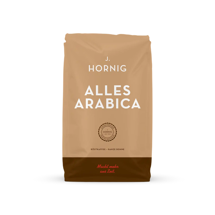 Eine Packung J. Hornig Alle Arabica Ganze Bohne 500g.