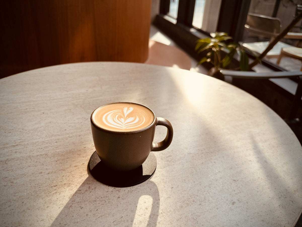 Ein Cappuccino mit schönen Latte Art steht auf einem Tisch mit Sonnenstrahlen.
