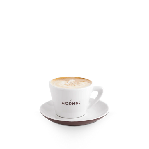 Eine J. Hornig Cappuccino Tasse in weiß und braun.