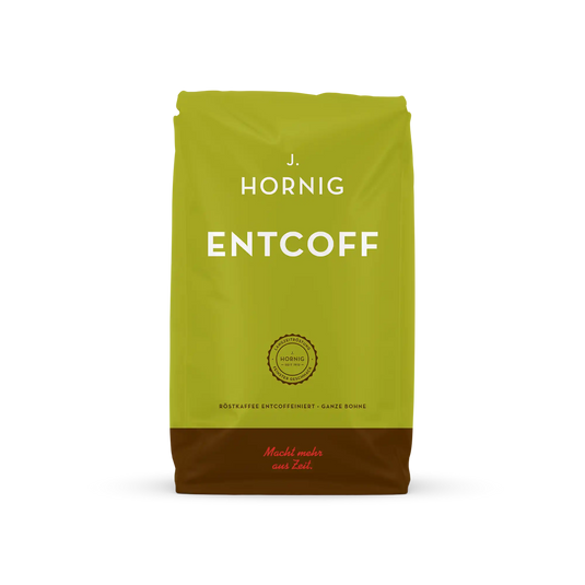 Eine Packung J. Hornig Entcoff Ganze Bohne 500g.
