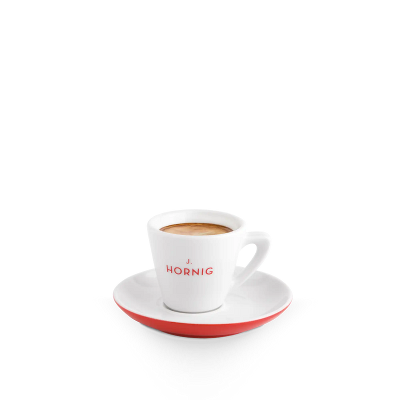 Eine J. Hornig Espresso Tasse in weiß und rot.