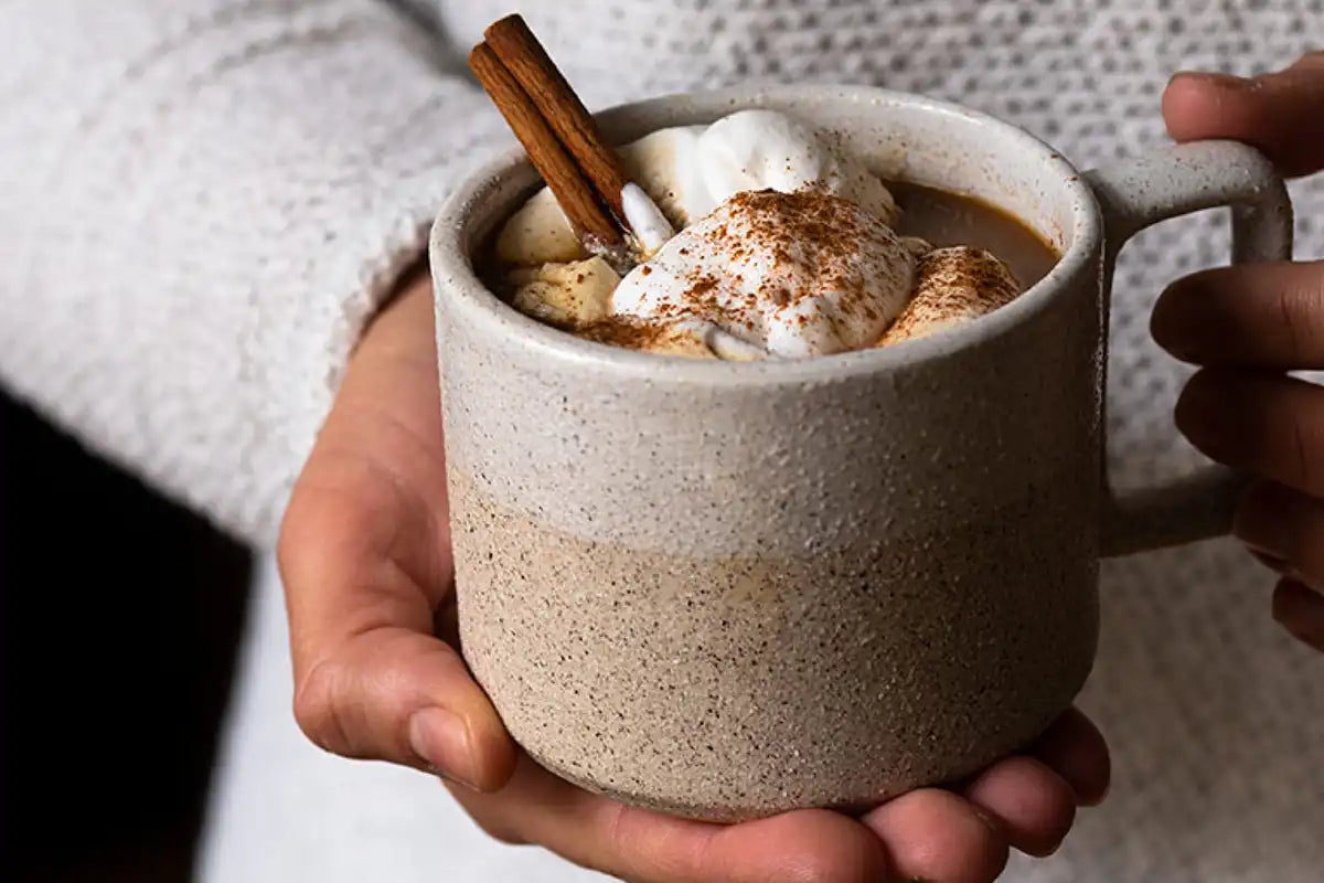 Eine Person hält eine Kadamom-Zimt-Latte garniert mit Schlag und einer Zimtstange in der Hand 