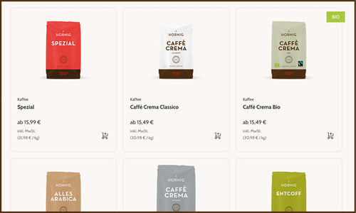 Auswahl verschiedener Kaffeesorten von J. Hornig im Onlineshop