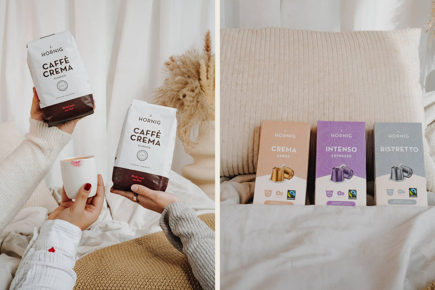 J. Hornig Caffè Crema Classico und Kapseln – Crema Lungo, Intenso Espresso, Entcoff.