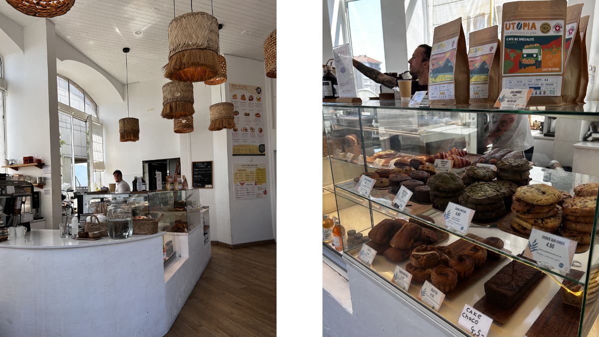 2 Bilder: Links ist die Theke von Utopia zu sehen, auf dem rechten Bild sind die Backwaren zu sehen.