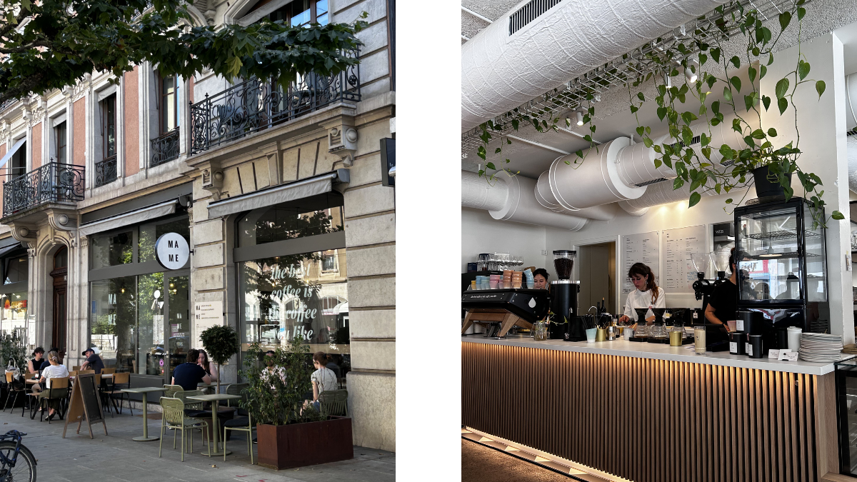 2 Bilder: Links ist das Cafè von außen zu sehen, rechts die Theke von innen.