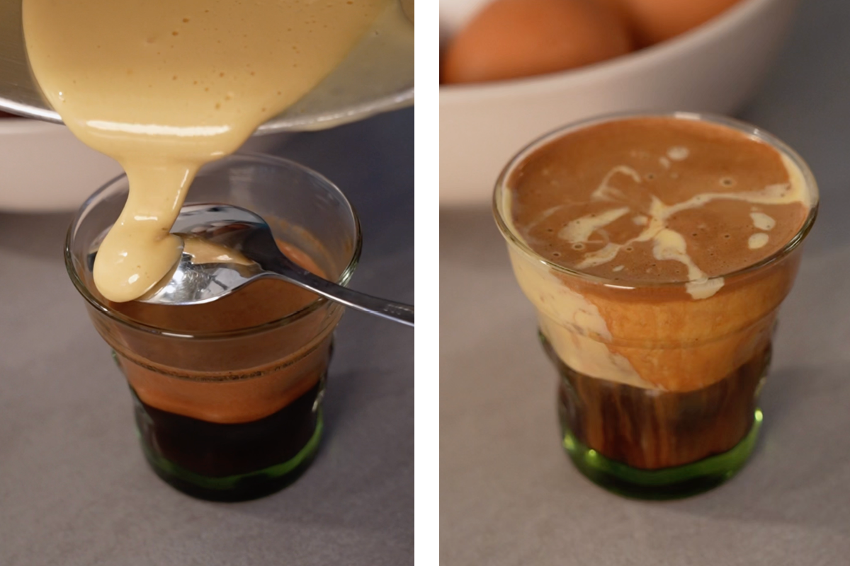 Links J. Hornig Kaffee wird mit einer Creme aufgegossen, Rechts fertiger Egg Coffee