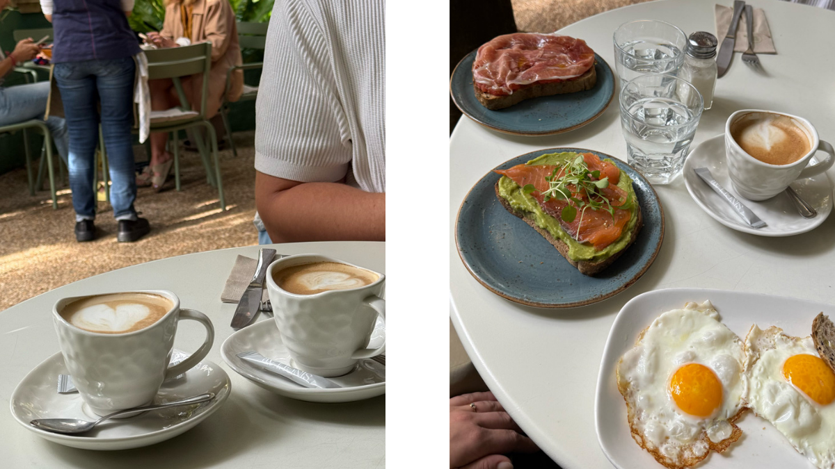 Zwei Fotos nebeneinander: links zwei Cappuccinos auf einem Tisch, rechts ein gedeckter Frühstückstisch mit Avocado-Lachs-Brot und weiteren Gerichten.