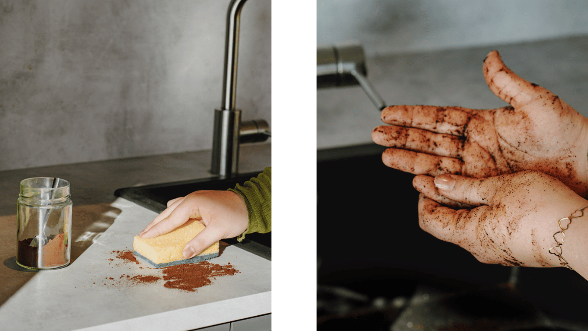 Zwei Fotos nebeneinander: links verteilt eine Person mit einem Schwamm Kaffeesatz auf der Arbeitsfläche; rechts reibt eine Person Kaffeesatz auf den Händen.
