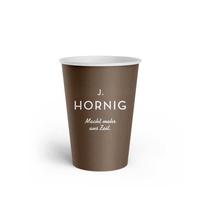 Ein J. Hornig Coffee-to-go Becher in braun.