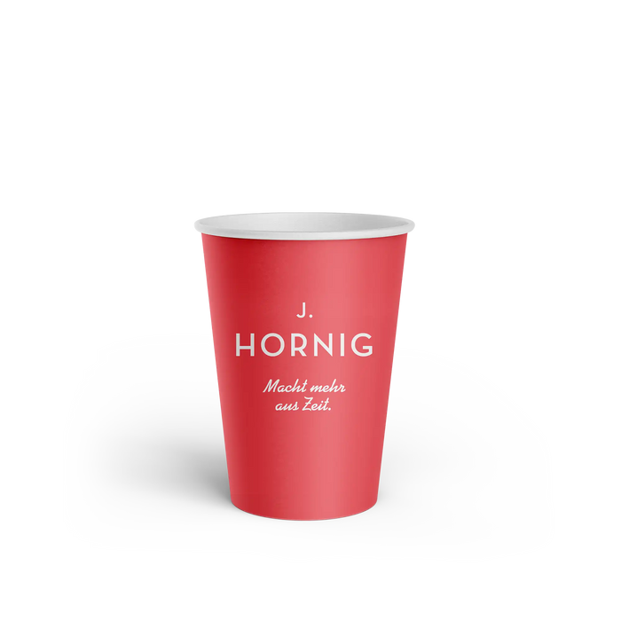 Ein J. Hornig Coffee-to-go Becher in rot.