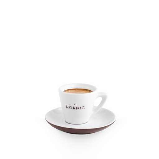 Eine J. Hornig Espresso Tasse in weiß und braun.