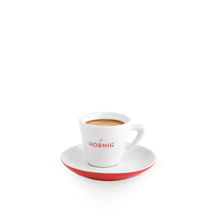 Eine J. Hornig Espresso Tasse in weiß und rot.
