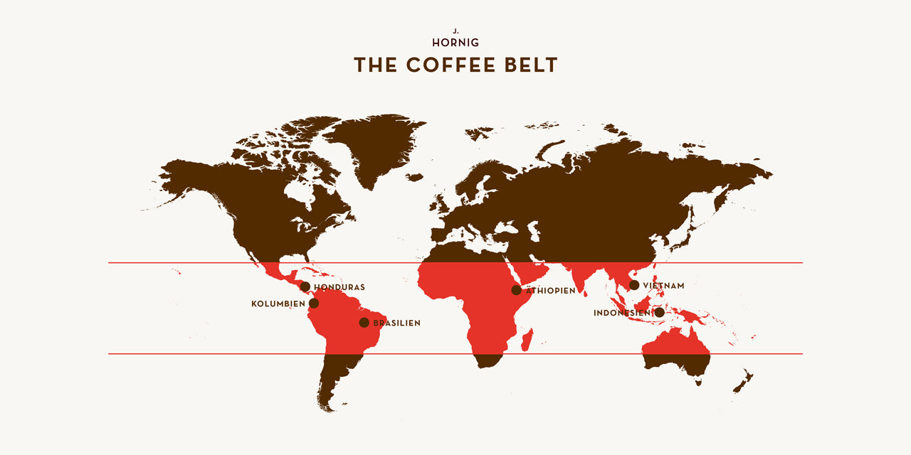 Weltkarte mit den Anbaugebieten von Kaffeebohnen.