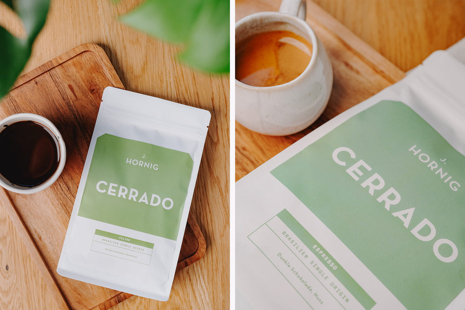Zwei Packungen J. Hornig Cerrado Spezialitätenkaffee mit Espresso und Holzuntergrund in einer Zweiteilung.