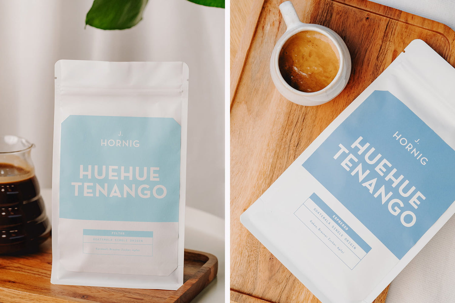 Zwei Packungen J. Hornig Huehuetenango Spezialitätenkaffee neben Espresso und Kaffeebohnen auf einem Holzbrett.