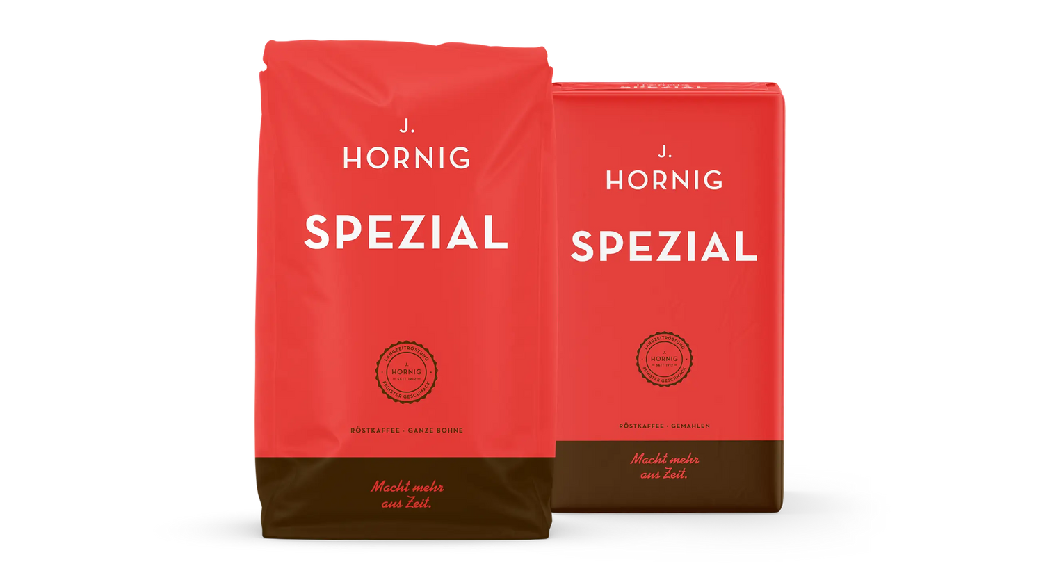 Eine Packung J. Hornig Spezial ganze Bohne und eine Packung J. Hornig Spezial gemahlen.